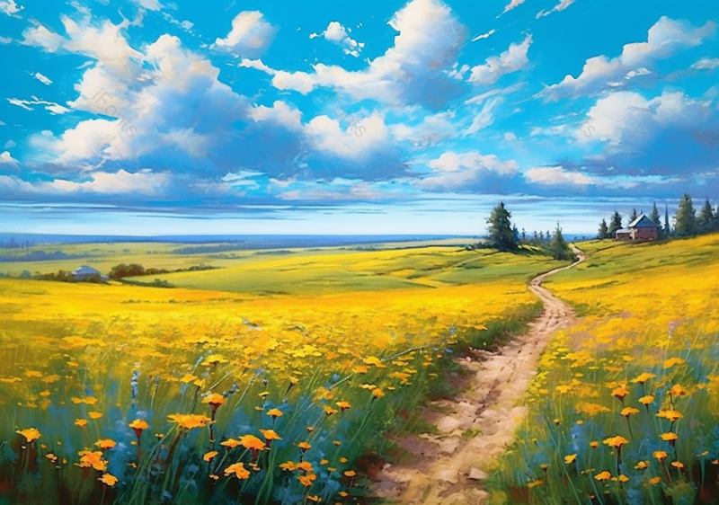 黄色野花丛田野小路夏日蓝天田园风格自然油画,插画/手绘图,插画/手绘图库,插画/手绘图下载,插画/手绘
